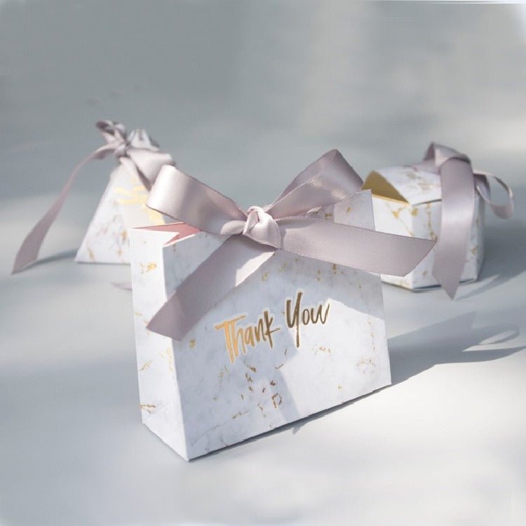 Marbled European-Style Wedding Gift Bag — Luxury Paper Favour Box with Grey Ribbon - BsBuy