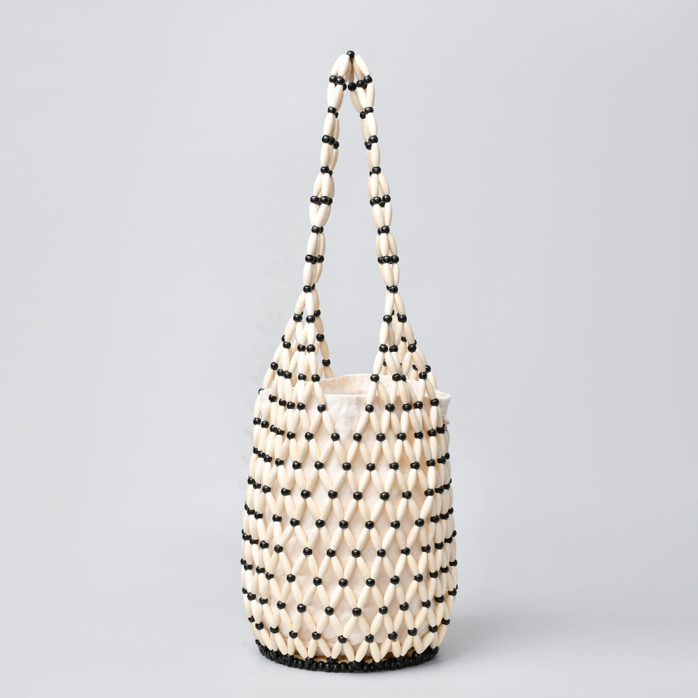 Women's Woven Bucket Bag – Hollow Wooden Bead Shoulder Bag - BsBuy