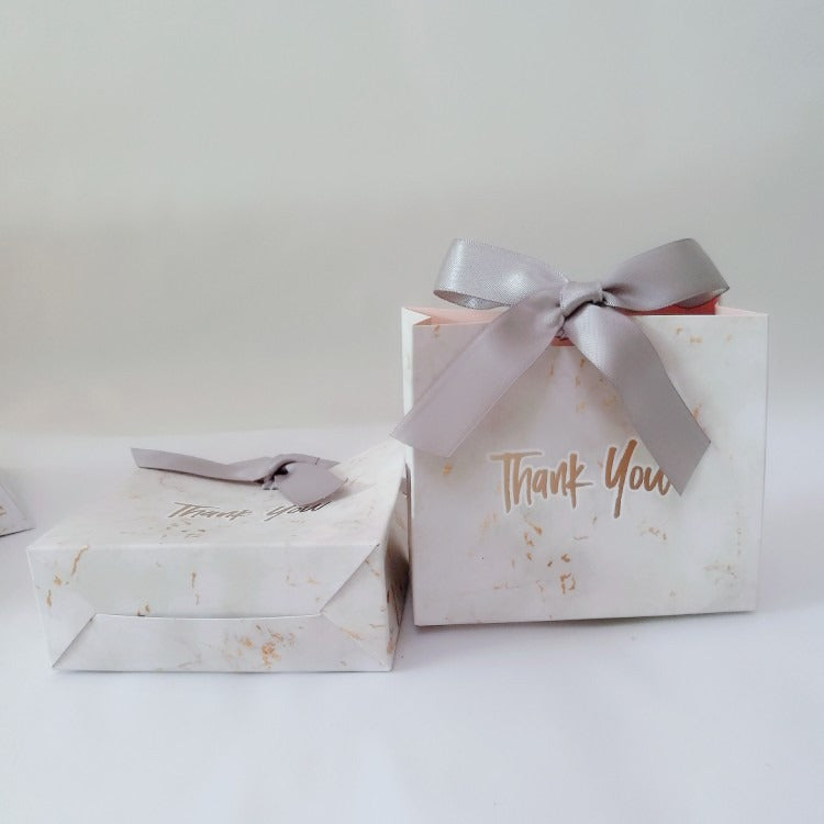 Marbled European-Style Wedding Gift Bag — Luxury Paper Favour Box with Grey Ribbon - BsBuy