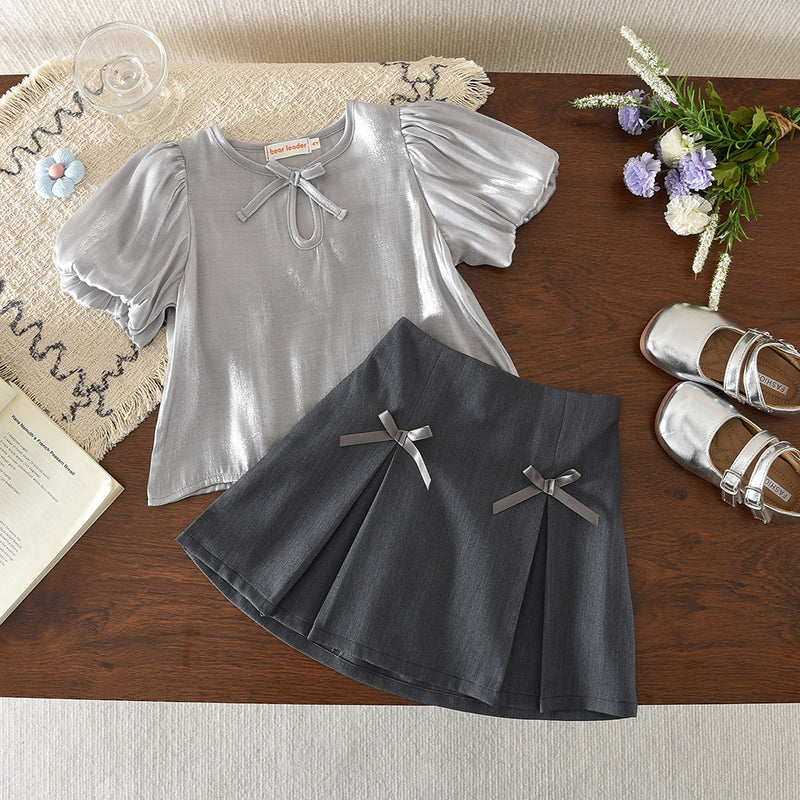 Girls' French Elegant Summer Outfit Set, Bubble Sleeve Top with Bowknot A-Line Skirt Two-Piece Set - BsBuy