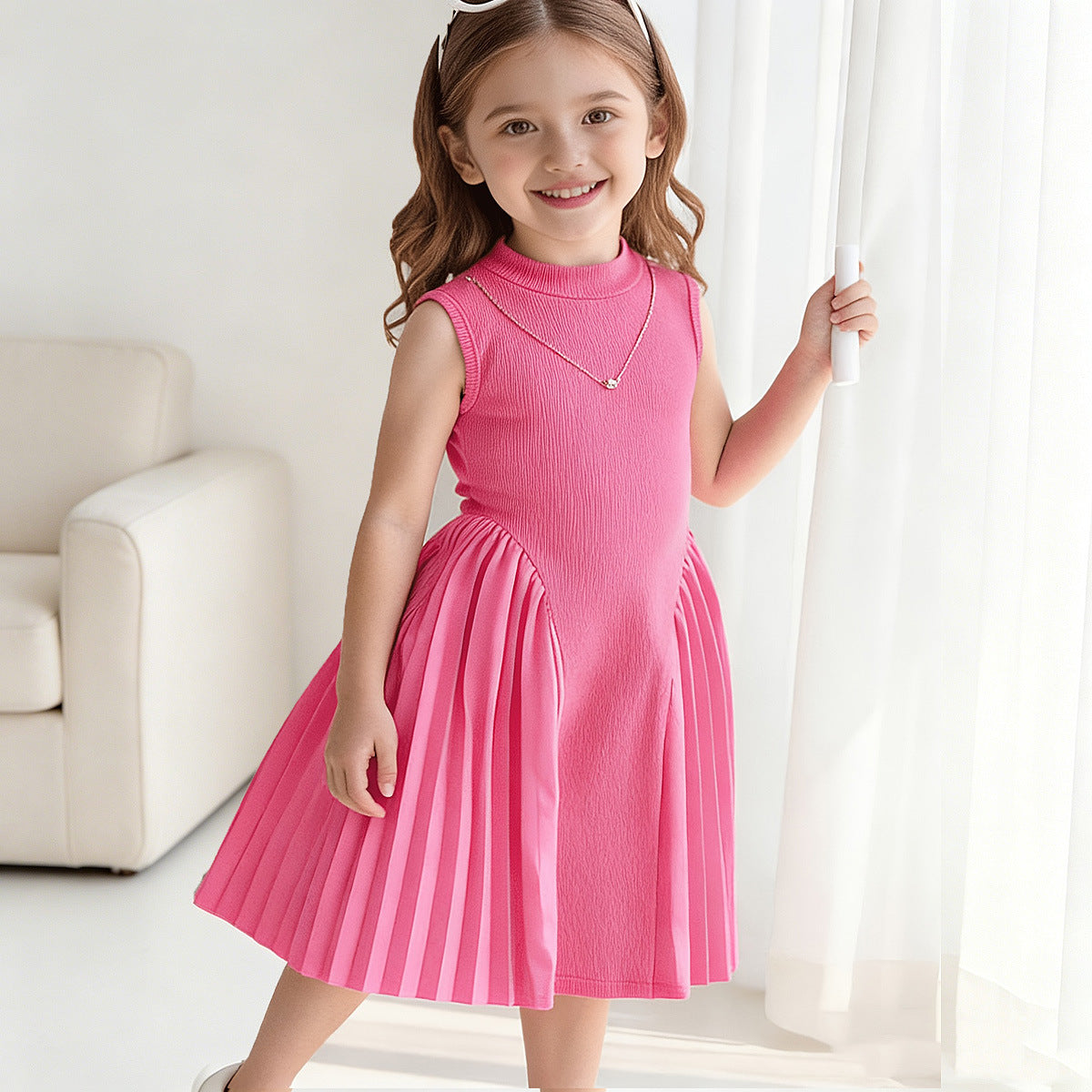 Charming Style Summer Pleated Spliced Waist-Cinching Sleeveless Dress with Necklace for Girls - BsBuy