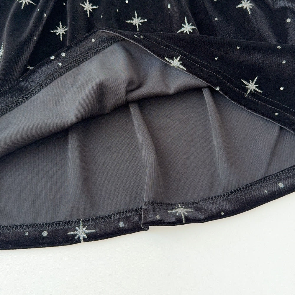 Clothing  Elegant Velvet Long Sleeve Dress with Glitter Star Print, Turn-Down Collar Princess Cut, Children's Formal Dress - BsBuy
