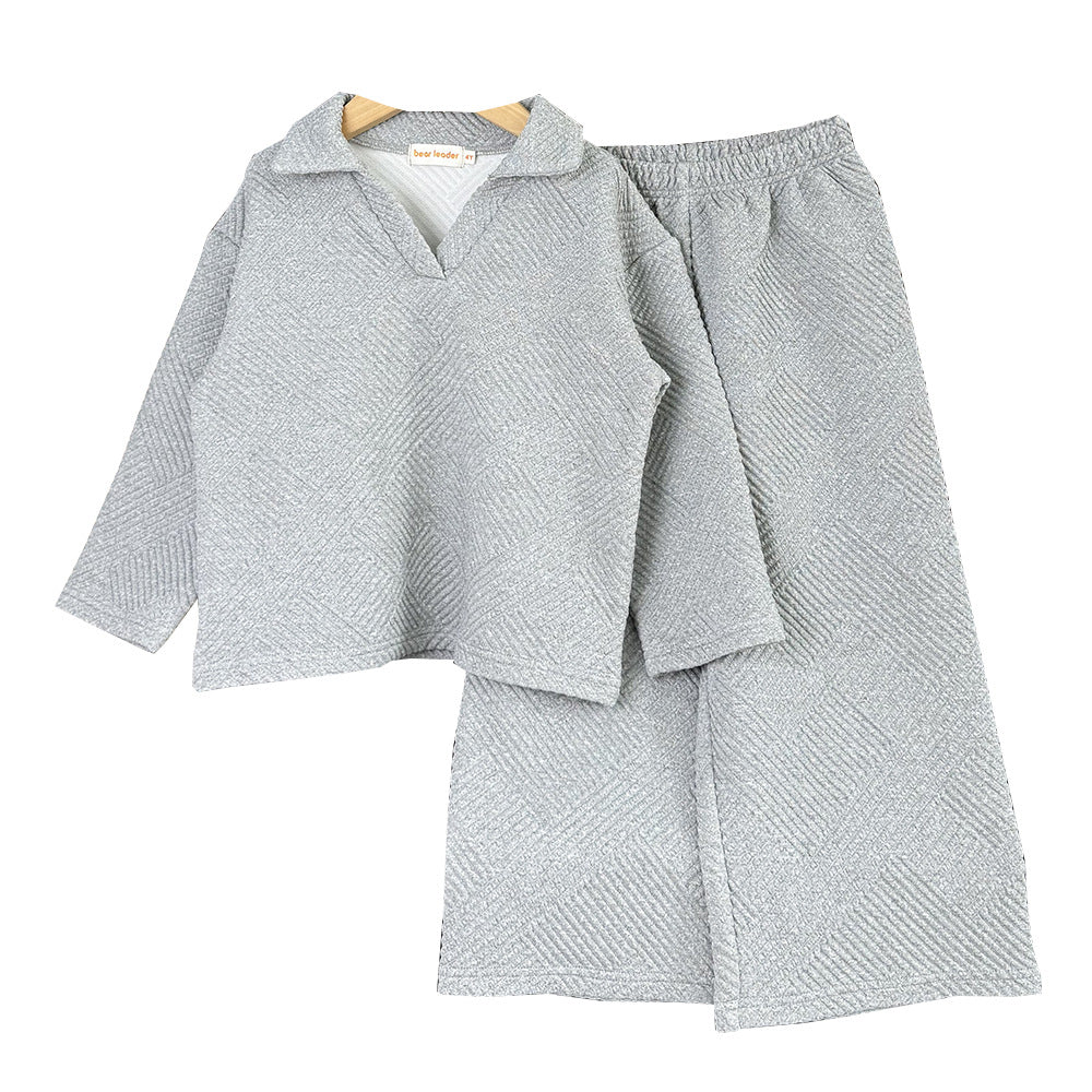 Loose Simple Solid Color Casual Women's Children's Autumn Winter New V-Neck Turn-Down Collar Long Sleeve Long Pants Two-Piece Set - BsBuy
