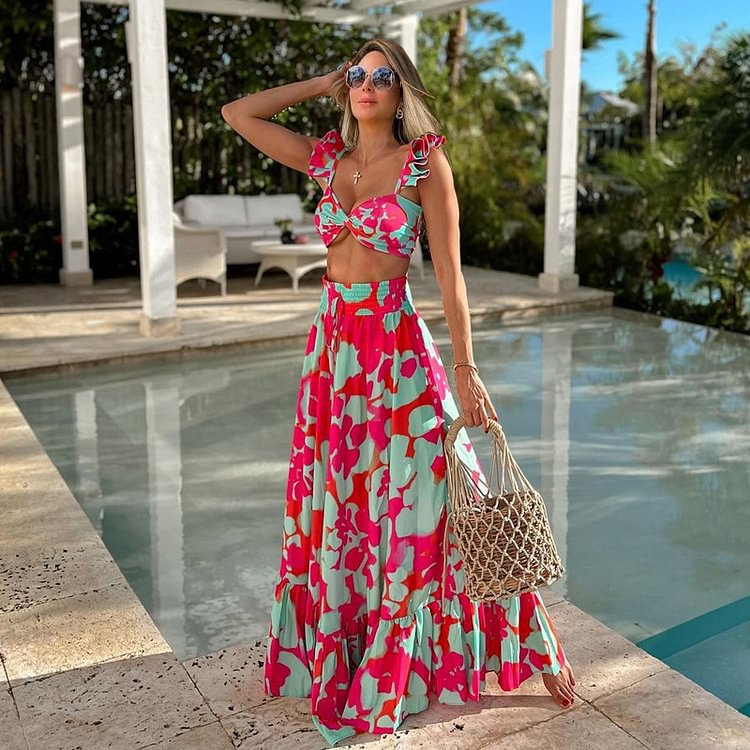 High-Waist Bikini Two-Piece Swimsuit with Beach Vacation Skirt Set for Women - BsBuy