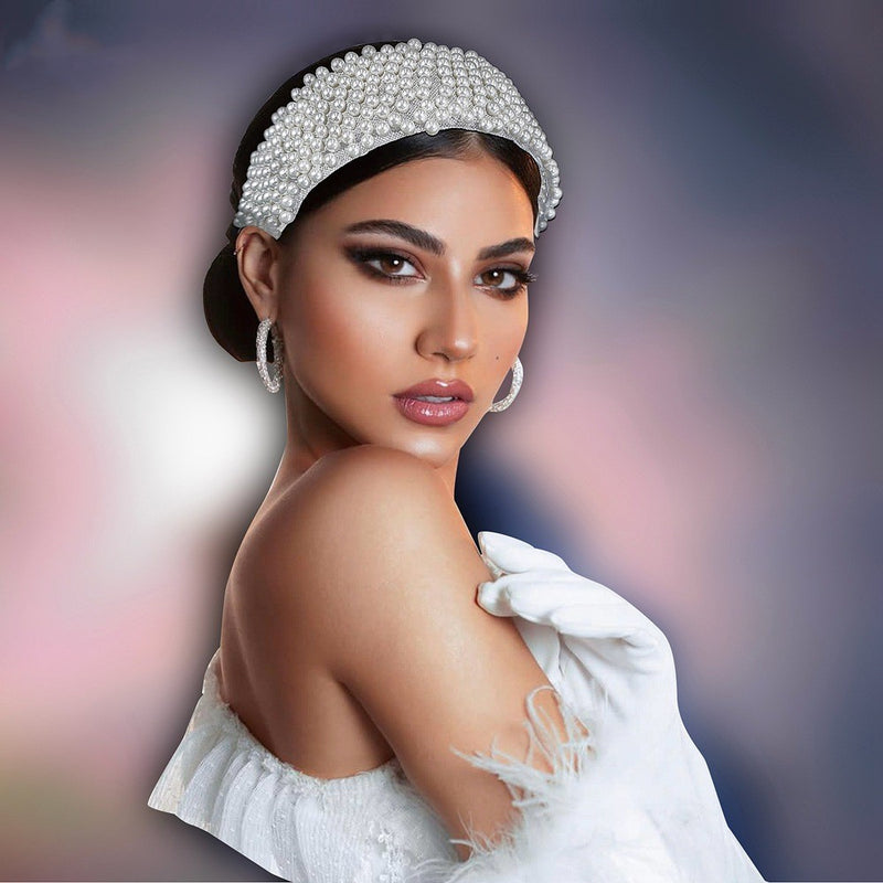 White Pearl Bridal Hair Hoop — Handmade Beaded Headwear & Hair Accessory - BsBuy