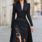 BsBuy Women's Lace Suit Collar Two-Piece Maxi Dress Set | High Waist | Long Sleeve | S–2XL