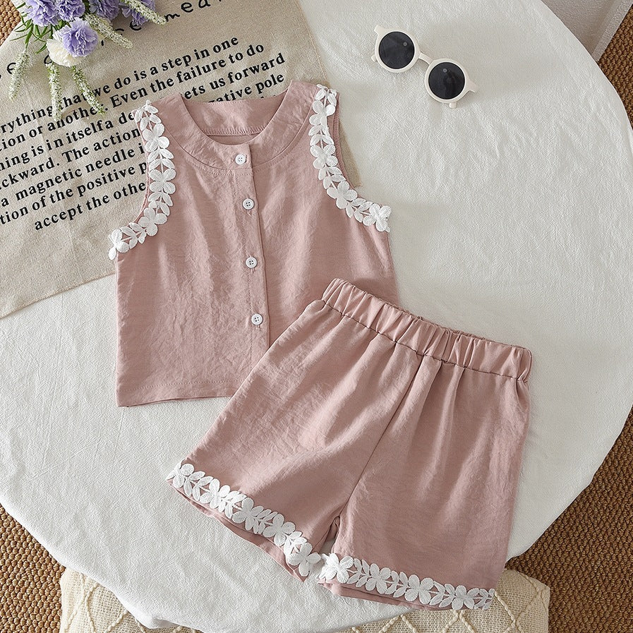 Cute Summer Outfit for Girls, Floral Trim Sleeveless Top and Shorts Set Children's Clothing - BsBuy