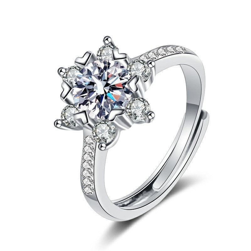 Snowflake Diamond-Style Crystal Sterling Silver Ring - BsBuy