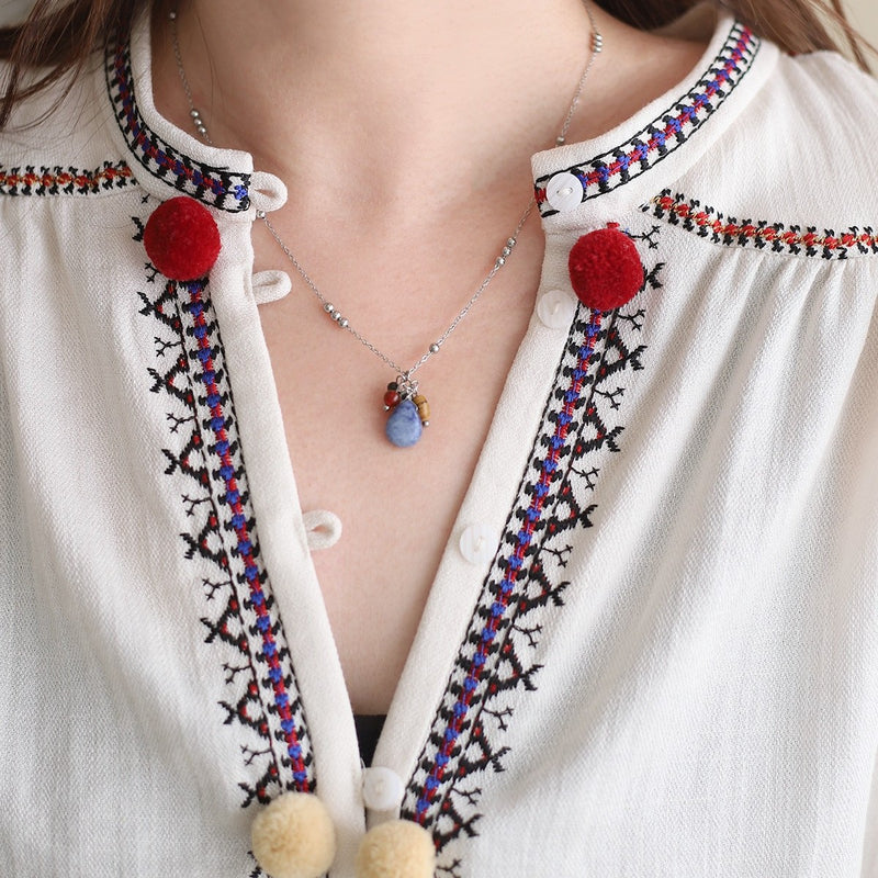 Natural Stone Necklace & Earrings Set – Retro Ethnic Teardrop Jewellery in Titanium Steel - BsBuy