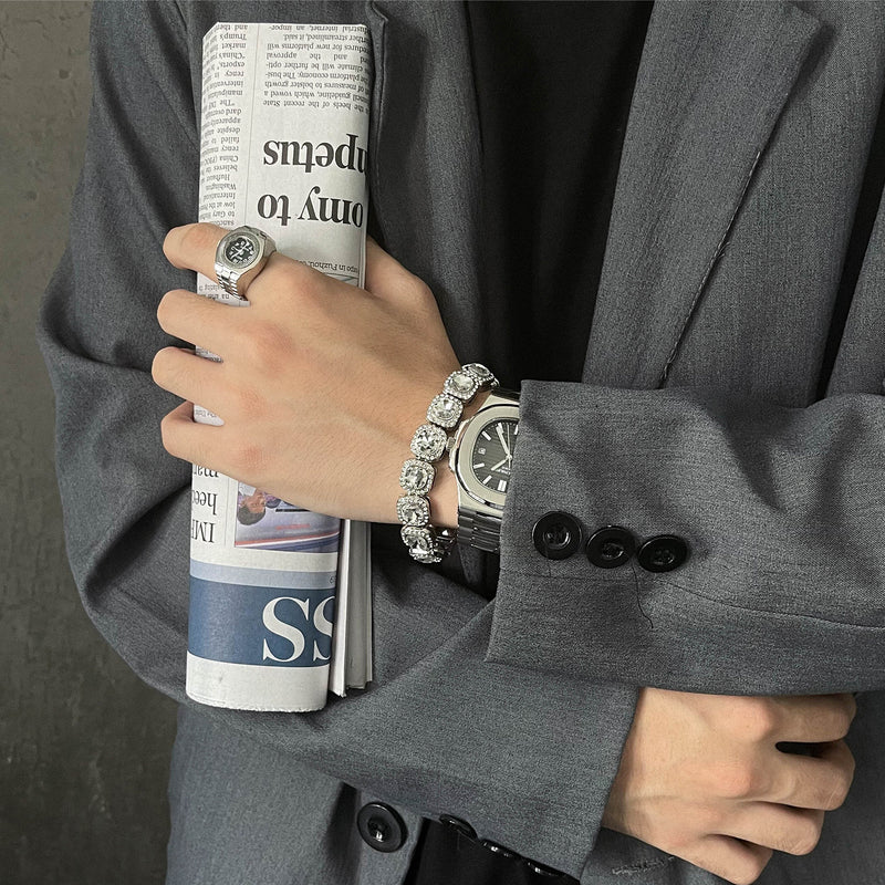 Hip-Hop Street Rap Ice Sugar Full Diamond-Encrusted Bracelet Trendy Brand Personalized Internet Celebrity Unisex Bracelet Jewelry