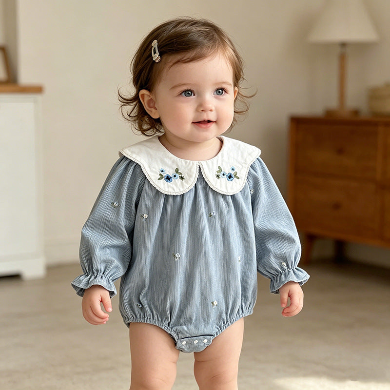 Cute  Baby Girl Long Sleeve Romper with Embroidered Collar, Spring and Autumn Fashion Princess Outfit - BsBuy
