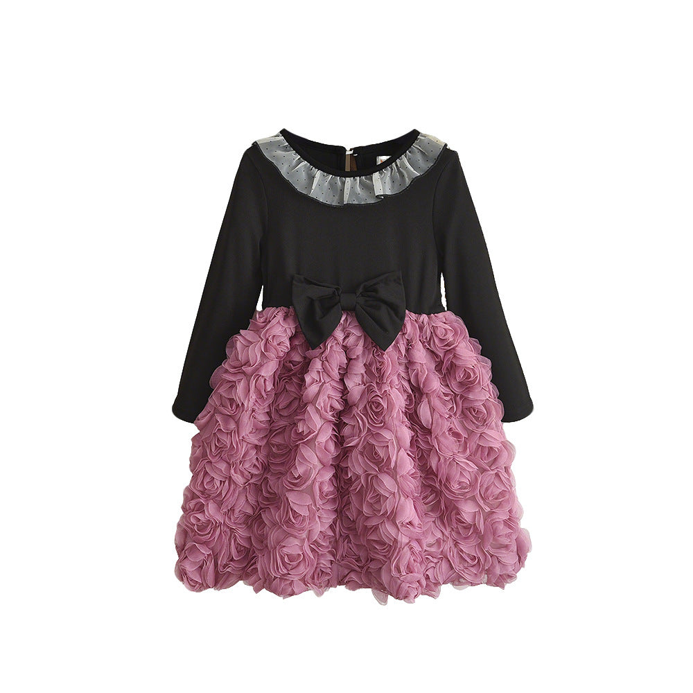 Girls Autumn Princess Dress – Rose Pattern, Large Bow & Long Sleeve - BsBuy