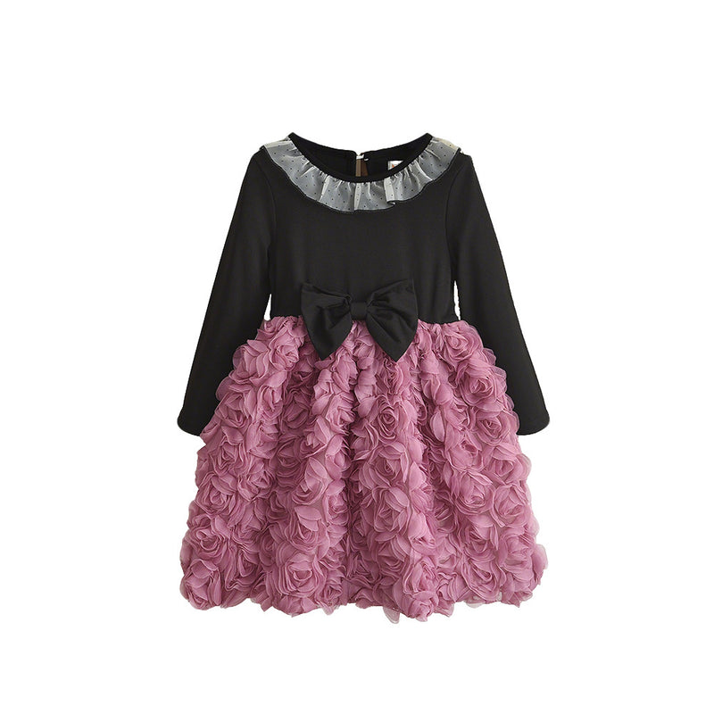 Girls Autumn Princess Dress – Rose Pattern, Large Bow & Long Sleeve - BsBuy