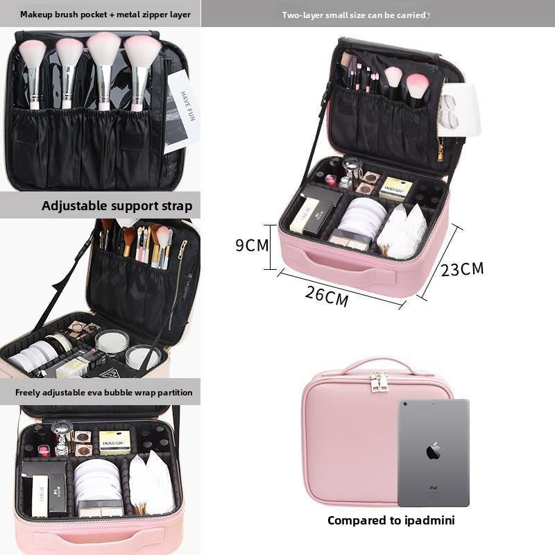 Portable Multi-Layer Cosmetic & Tool Organiser Bag – PVC Leather Travel Beauty Case | Pink & Black