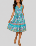 Women's Fashion Ethnic Style Blue Printed V-Neck Open Front Sleeveless Dress - BsBuy