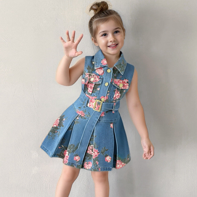 Girls' Sleeveless Denim Dress with Floral Print, High-Waisted Turn-Down Collar, Lightweight Backless Dress, Fashion Style - BsBuy
