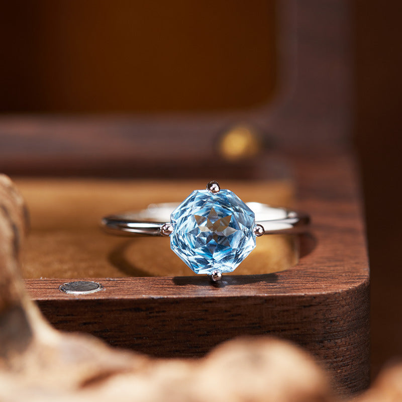 S925 Sterling Silver Octagonal Rose-Cut Gemstone Ring – Amethyst, Topaz & White Crystal | Adjustable Fit