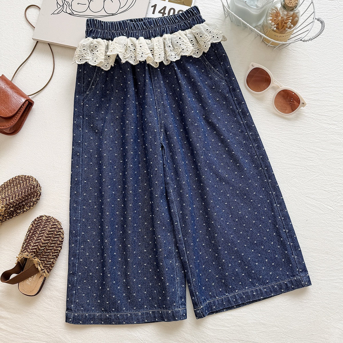 Summer Girls' Outfit Set  Letter Print Mesh Tank Top Polka Dot Wide Leg Pants Two-Piece Set - BsBuy