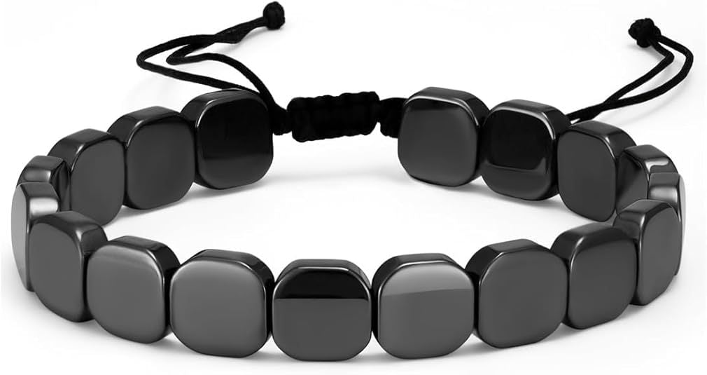 Black Onyx & Hematite Beaded Bracelet — Cubed Stone Braided Adjustable Jewellery for Men & Women
