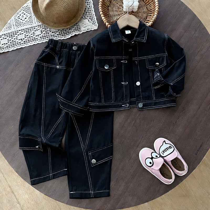 Girls' Cargo Outfit Fashionable Denim Two-Piece Set for Kids Spring and Autumn - BsBuy