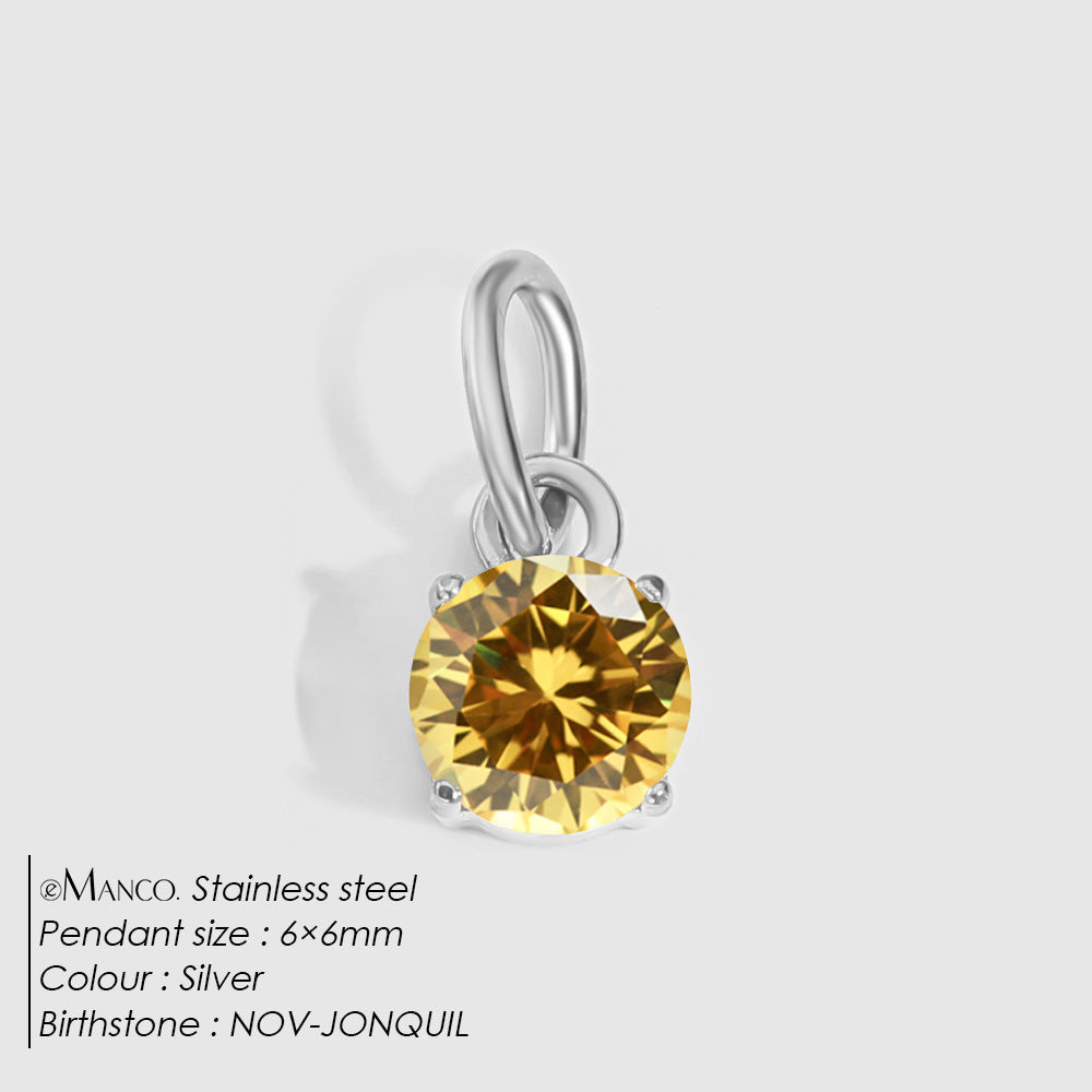 Birthstone Zircon Necklace Pendant — Stainless Steel Round Charm | 12 Months | Gold & Steel - BsBuy
