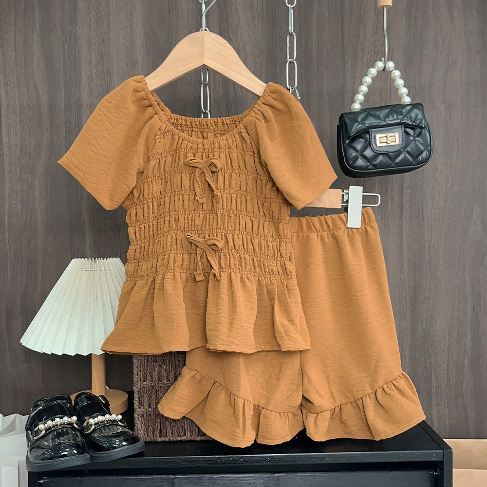 Summer Girls' Outfit Set with Bowknot Drawstring Short Sleeve Top and Shorts, Two-Piece Casual Kids Clothing - BsBuy