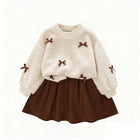 Child Girls Autumn Winter Set Dress with Bow, Beige Teddy Fleece Long Sleeve Top and Khaki Short Skirt Simple Two-Piece Set - BsBuy