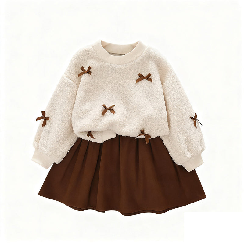 Child Girls Autumn Winter Set Dress with Bow, Beige Teddy Fleece Long Sleeve Top and Khaki Short Skirt Simple Two-Piece Set - BsBuy
