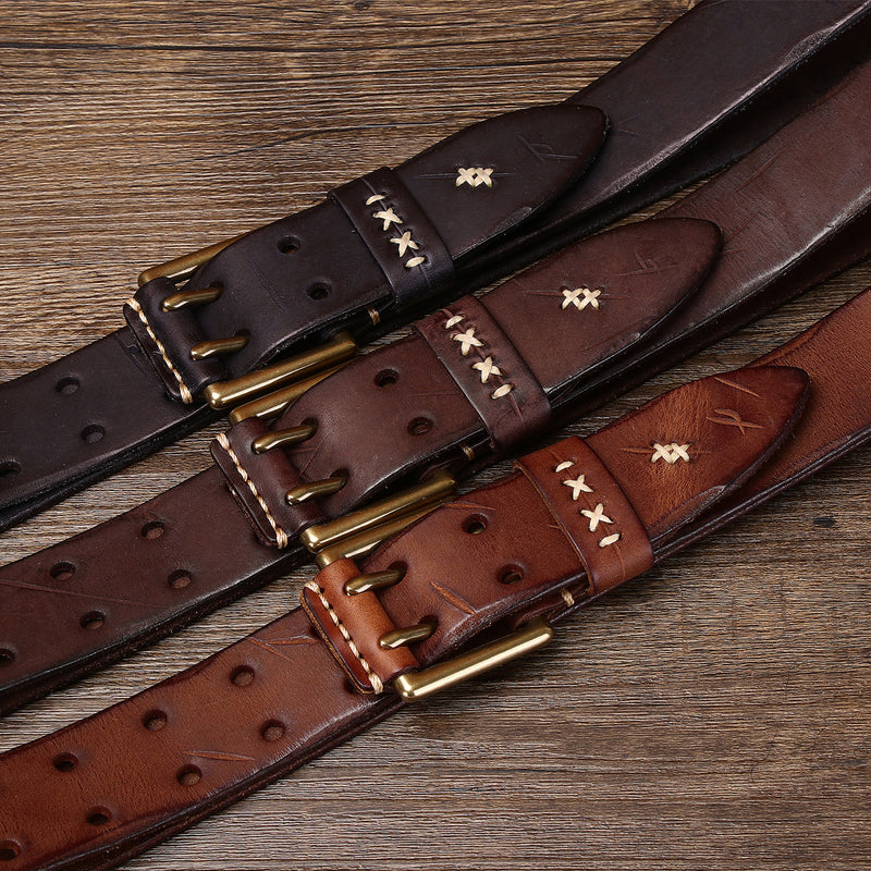Retro Genuine Leather Belt – Top-Layer Cowhide with Copper Pin Buckle | Black, Brown & Khaki | 105–125cm - BsBuy