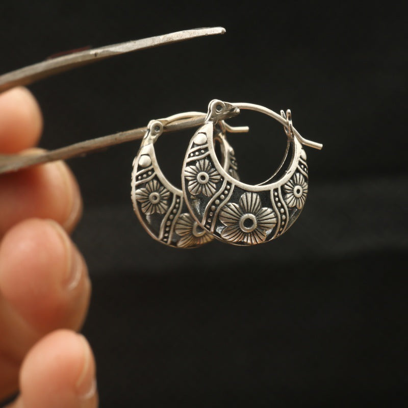 S925 Sterling Silver Floral Petal Earrings – Vintage Ethnic Style - BsBuy