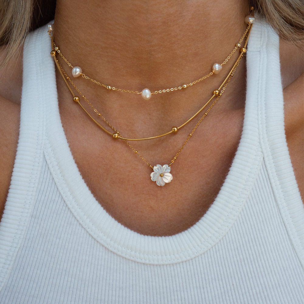 Natural Pearl Necklace Stainless Steel Layered Chain Heart Clasp Shell Pendant