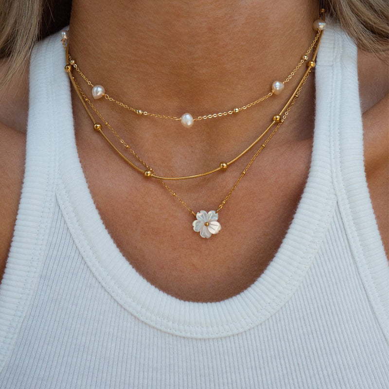 Natural Pearl Necklace Stainless Steel Layered Chain Heart Clasp Shell Pendant