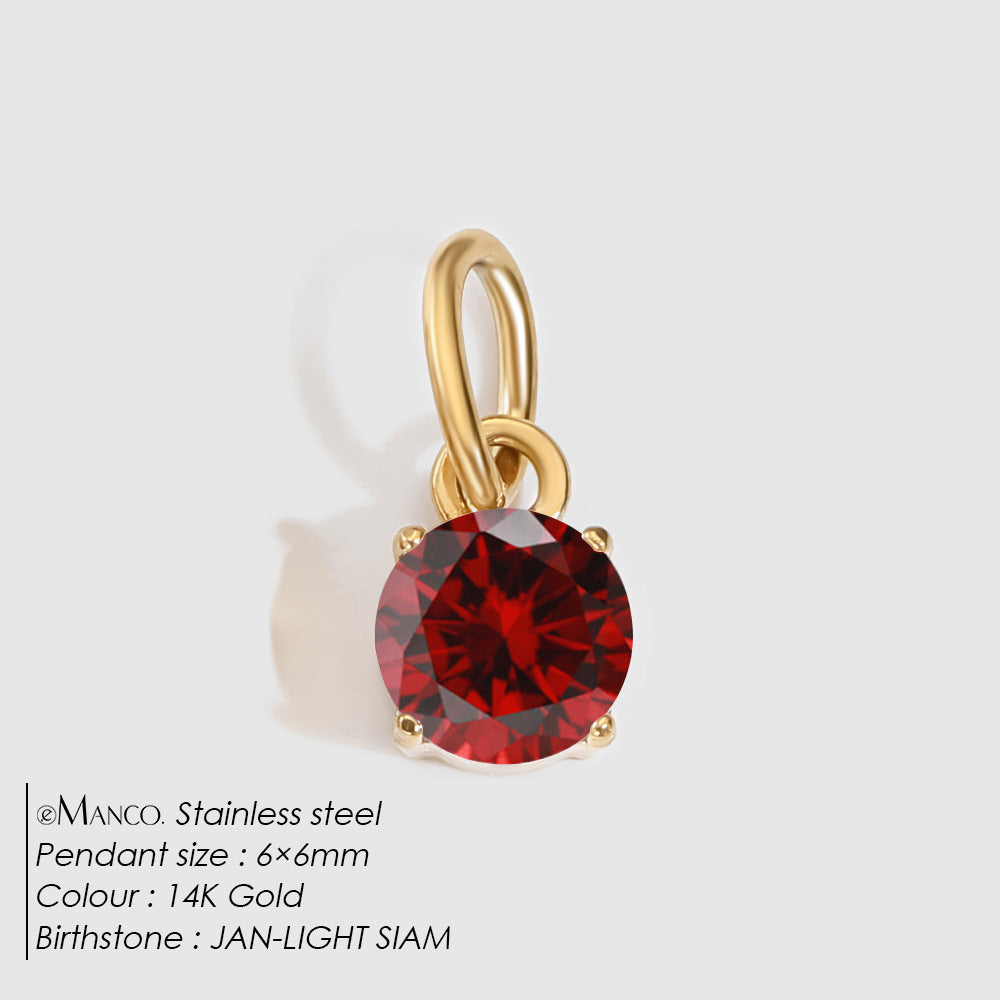 Birthstone Zircon Necklace Pendant — Stainless Steel Round Charm | 12 Months | Gold & Steel - BsBuy
