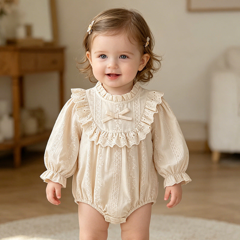 Spring and Autumn Baby Romper, Long Sleeve Embroidered Onesie with Lace Collar, Cotton Baby Outfit for Girls - BsBuy