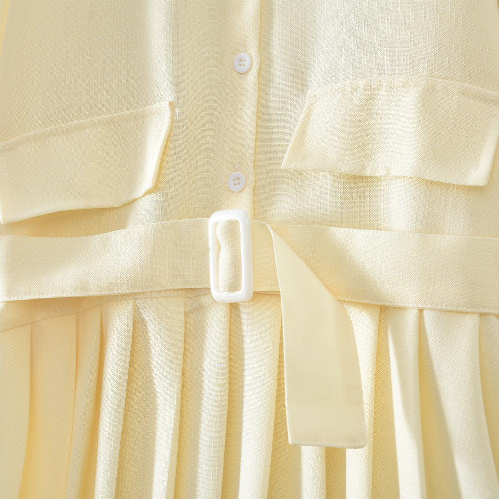 Simple Long Sleeve White Collar Pleated Dress with Belt for Girls ndashA-Line Dress - BsBuy