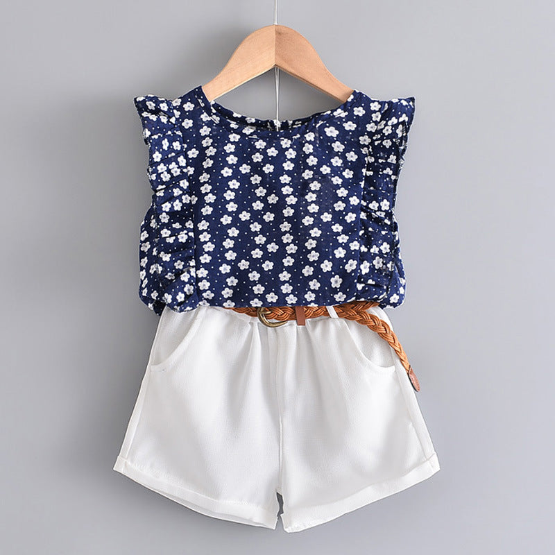 Style Spring Summer New  Girls' Floral Sleeveless T-Shirt with Shorts Fresh Set - BsBuy
