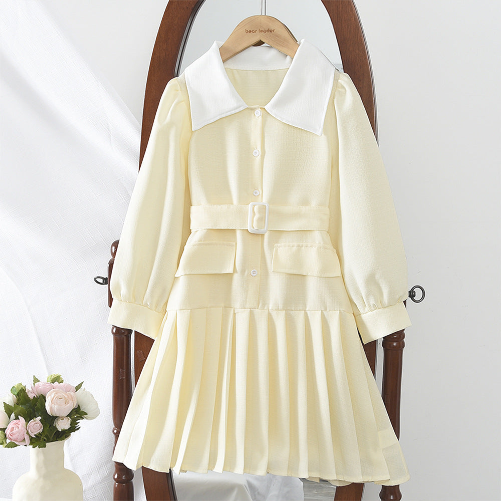 Simple Long Sleeve White Collar Pleated Dress with Belt for Girls ndashA-Line Dress - BsBuy