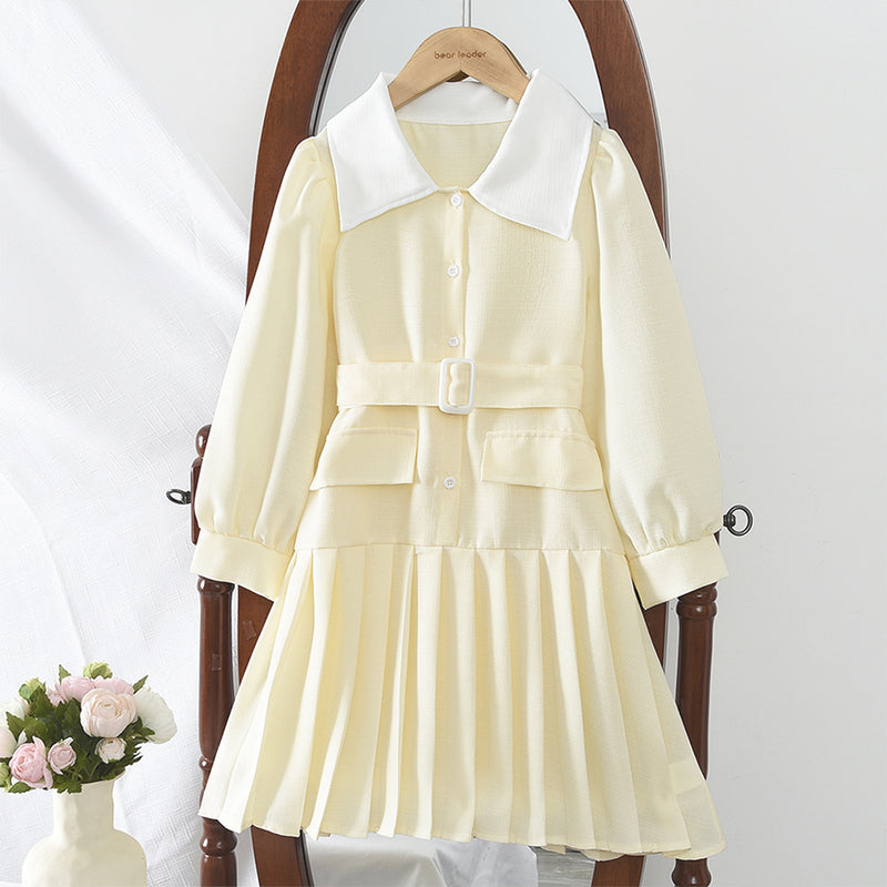 Simple Long Sleeve White Collar Pleated Dress with Belt for Girls ndashA-Line Dress - BsBuy