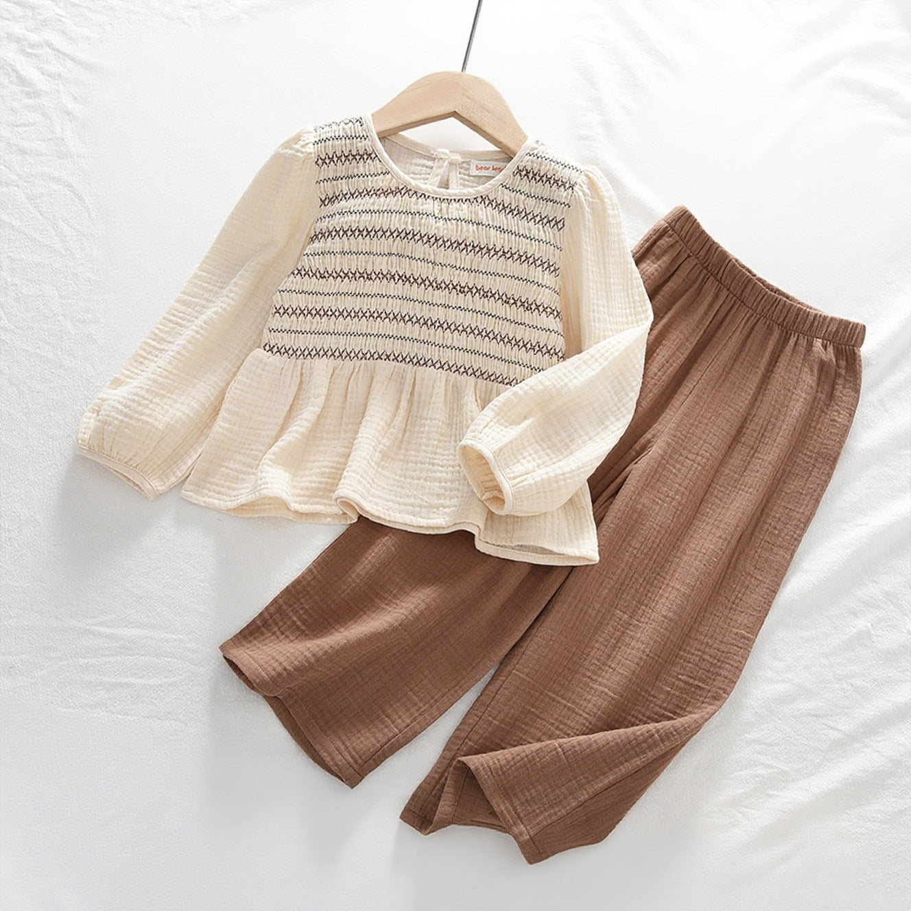 Fashionable Beige Ruched Bubble Sleeve Top with Brown Pants Two-Piece Set for Girls, Cotton Material - BsBuy