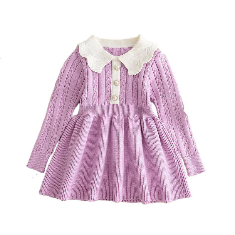 Fashionable Solid Color Long Sleeve Princess Dress Casual Winter Wear - BsBuy