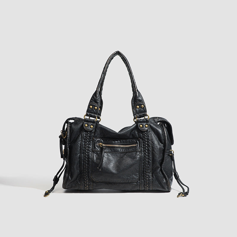 French retro motorcycle bag, single shoulder crossbody bag, tote bag, large capacity bag for women, washed bag - BsBuy