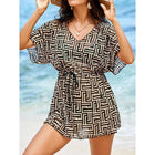 Geometric print V-neck waist cinching drawstring swimsuit - BsBuy