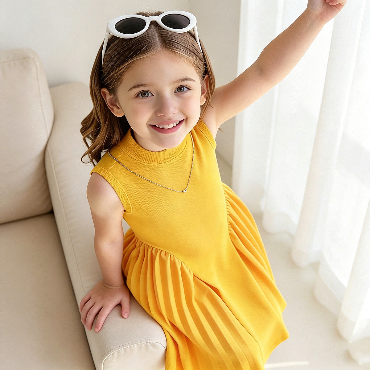 Charming Style Summer Pleated Spliced Waist-Cinching Sleeveless Dress with Necklace for Girls - BsBuy