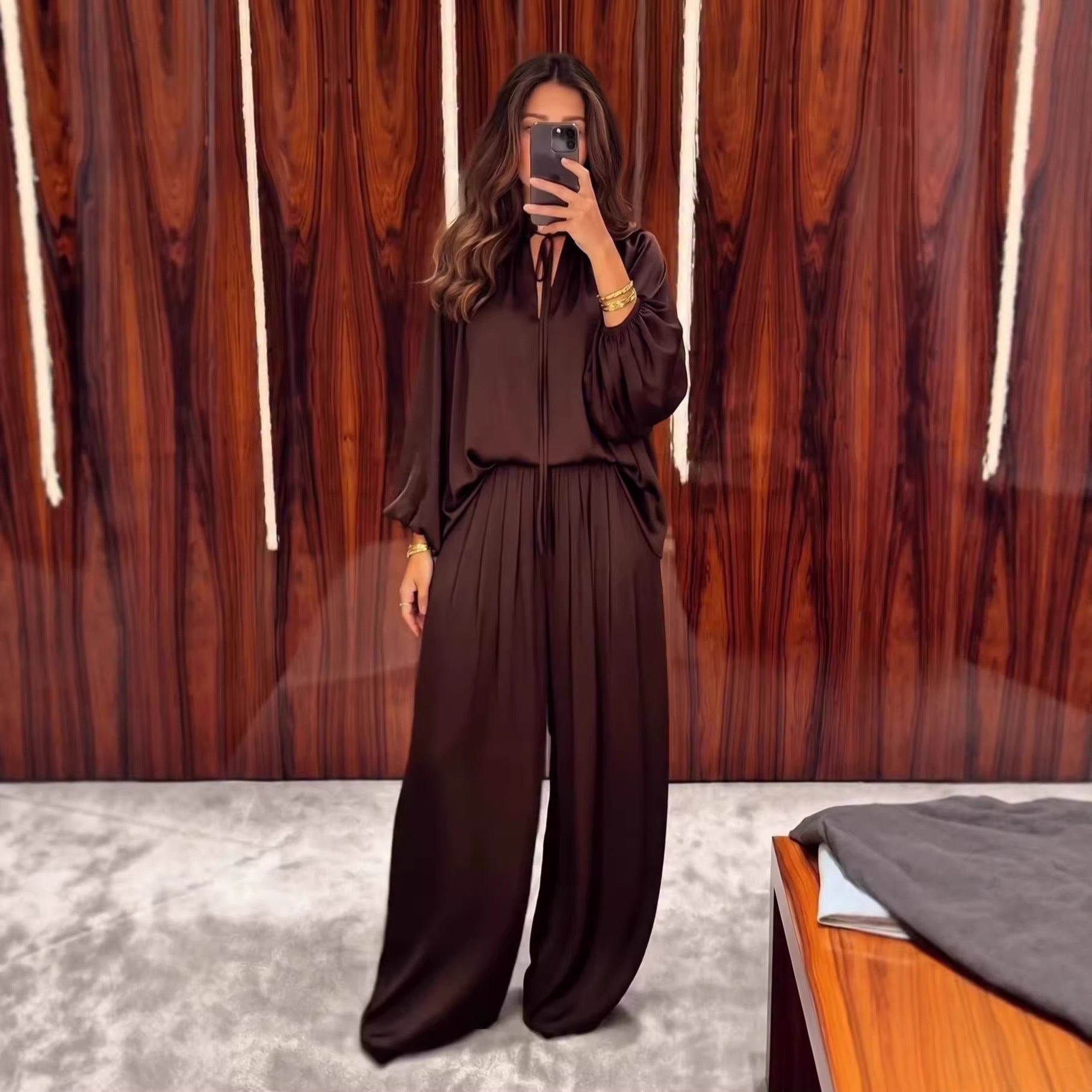 Women's Solid Colour V-Neck Lace-Up Top & Loose Trousers Set | Relaxed Fit | S–XXL