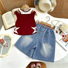 Fashionable Summer Outfit for Girls, Stylish Short Sleeve Trendy Denim Mid-Length Pants Two-Piece Set - BsBuy