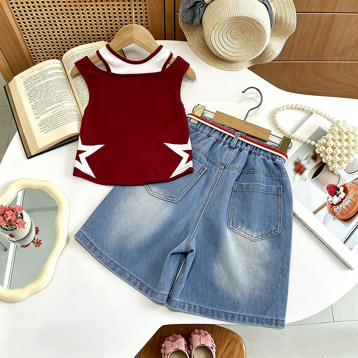 Fashionable Summer Outfit for Girls, Stylish Short Sleeve Trendy Denim Mid-Length Pants Two-Piece Set - BsBuy
