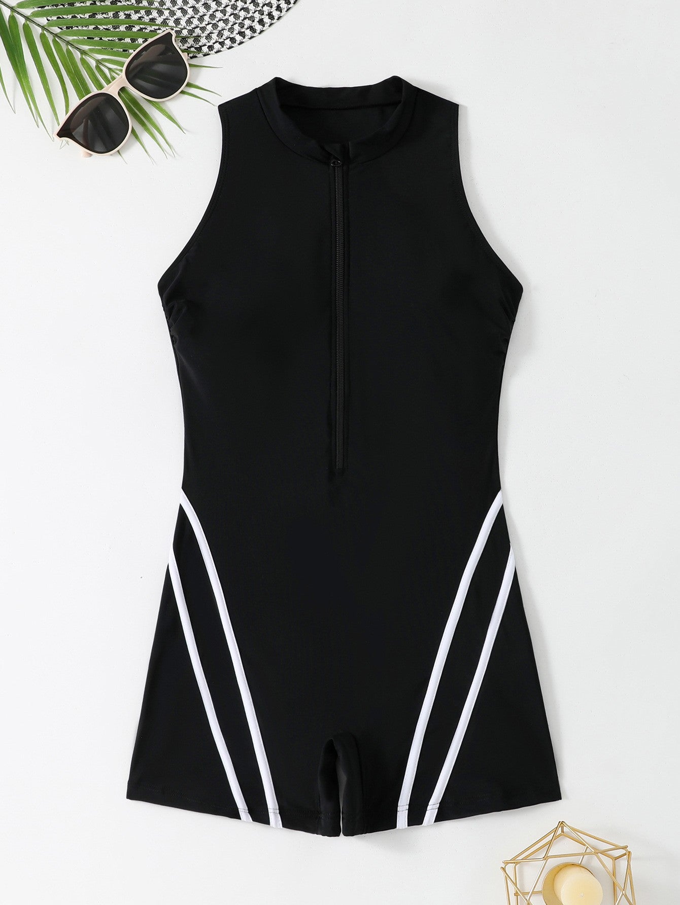 Swimsuit Women One-Piece Zipper Square Leg Fashion Sport Beach Swimwear - BsBuy