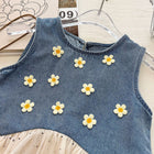 Girls' Denim Set Summer New Style Daisy Polka Dot Tulle Denim Vest and Wide Leg Pants Two-Piece Set - BsBuy