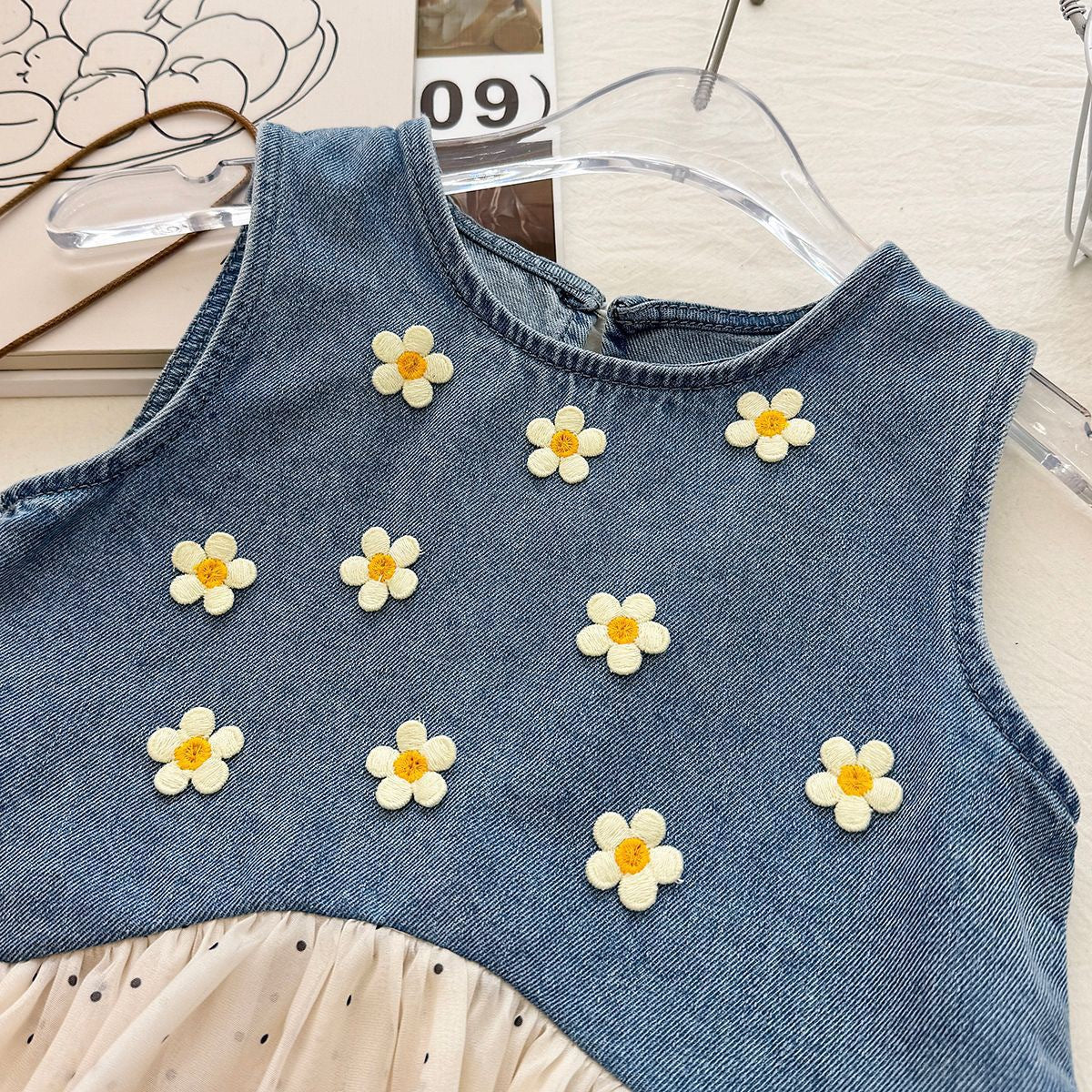 Girls' Denim Set Summer New Style Daisy Polka Dot Tulle Denim Vest and Wide Leg Pants Two-Piece Set - BsBuy