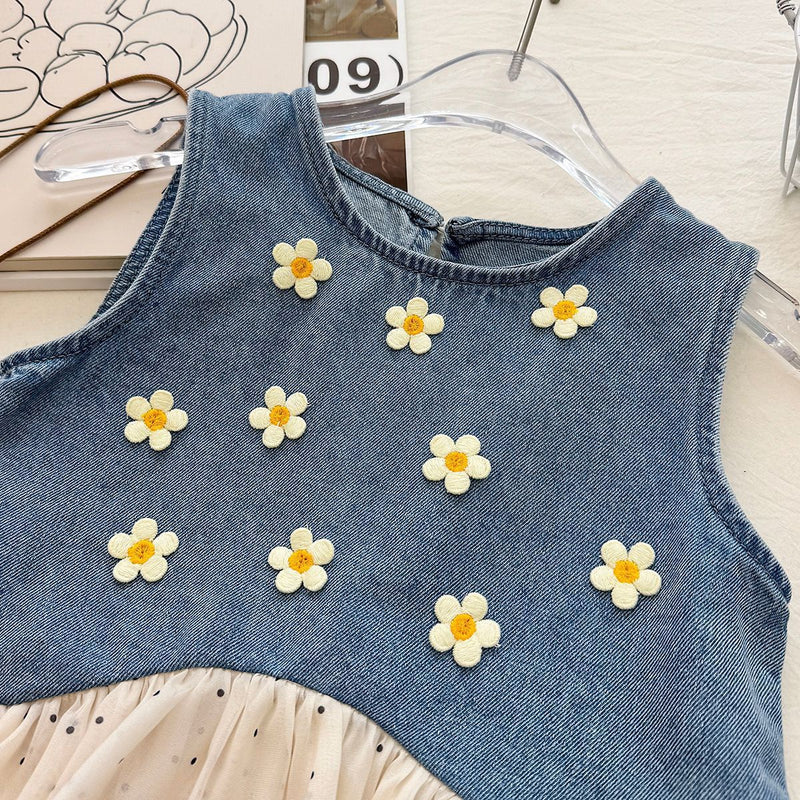 Girls' Denim Set Summer New Style Daisy Polka Dot Tulle Denim Vest and Wide Leg Pants Two-Piece Set - BsBuy